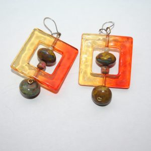 yellow orange square earrings with earth-colored glass beads
