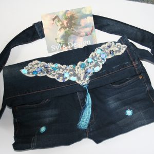Eco style denim shoulder bag with lace and beads